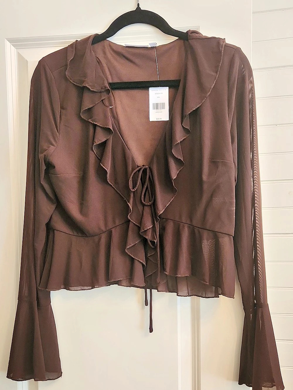 Willow Root Ruffle Tie-Front Blouse in Brown Size Medium NWT